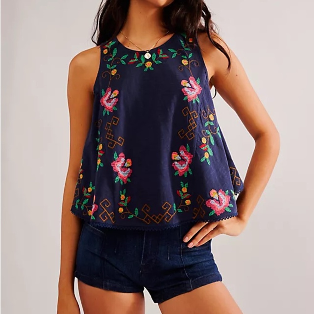 Free People Fun and Flirty Embroidered Sleeveless Top - navy